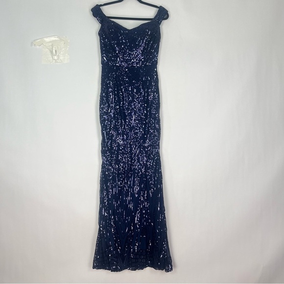 Lin Lin Q Mermaid Dress Off Shoulder Navy Sequin Size Large NWT - Picture 5 of 8